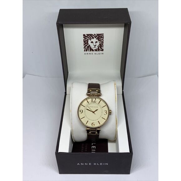 Anne Klein 10/9168 Women's Brown Leather Analog Beige Dial Quartz Watch UFO120 - Picture 1 of 12
